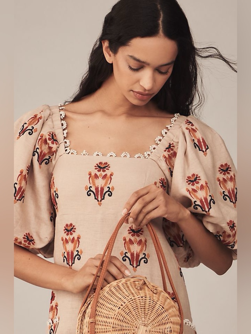 Farm Rio Rose Embroidered Macaw Maxi Dress in Beige Multi | M - Picture 9 of 16